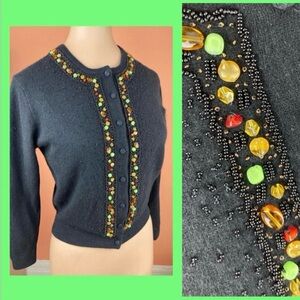 1960s Black Wool Beaded Cardigan Sweater